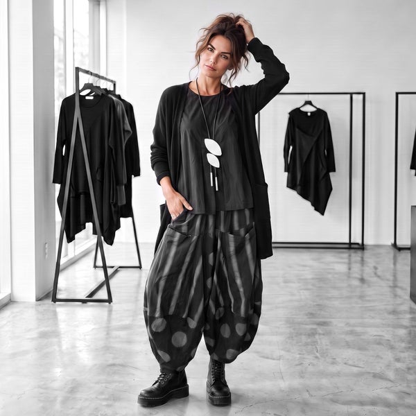 extravagante Baumwoll-Hose "stripes & dots" in anthrazit gemustert
