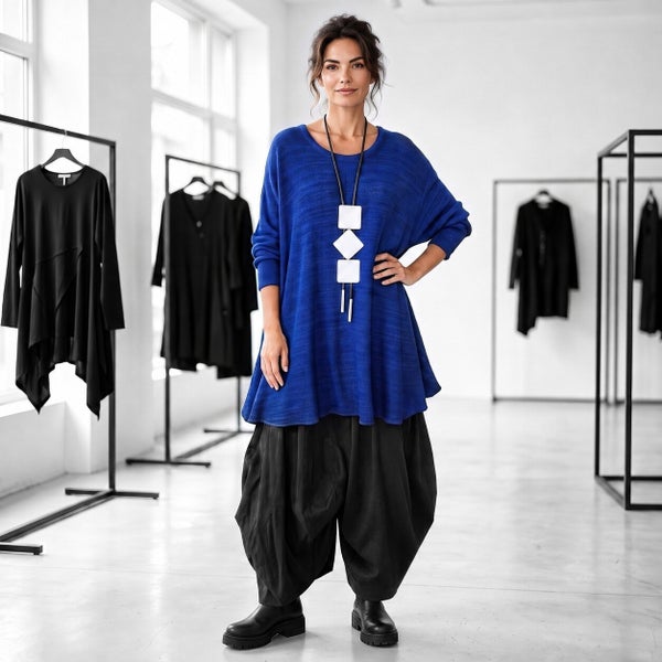 Bouclé-Strick Pulli in gemütlicher A-Linie in royalblau
