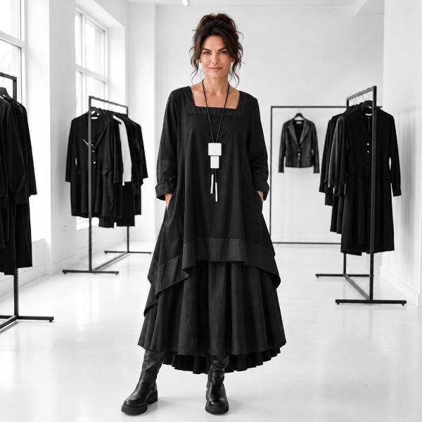 eleganter Taft-Rock "Aoki" in A-Linie mit Gummibund in schwarz