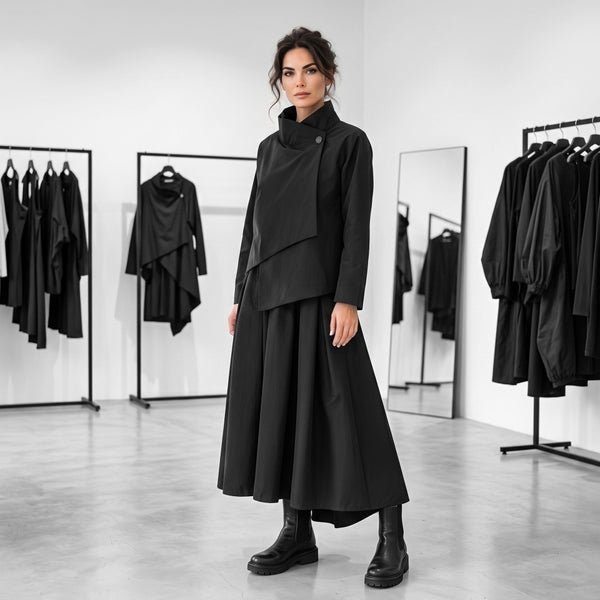 eleganter Taft-Rock "Aoki" in A-Linie mit Gummibund in schwarz
