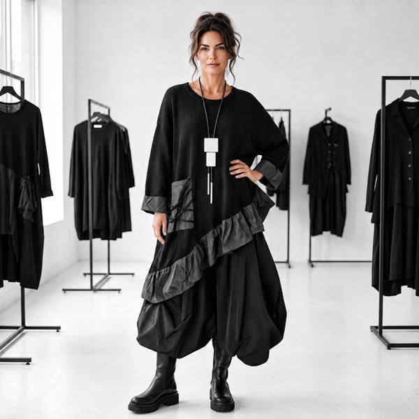 Baumwoll Strick Pulli in A-Linie mit Ansätzen aus Memory Taft in schwarz
