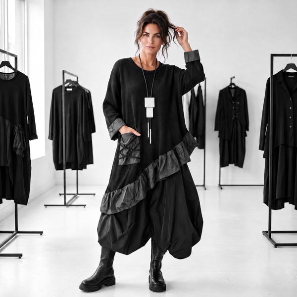 Baumwoll Strick Pulli in A-Linie mit Ansätzen aus Memory Taft in schwarz