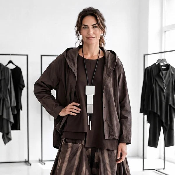 Baumwoll Blusenjacke "moonshine" mit Zipfelkapuze in schokobraun