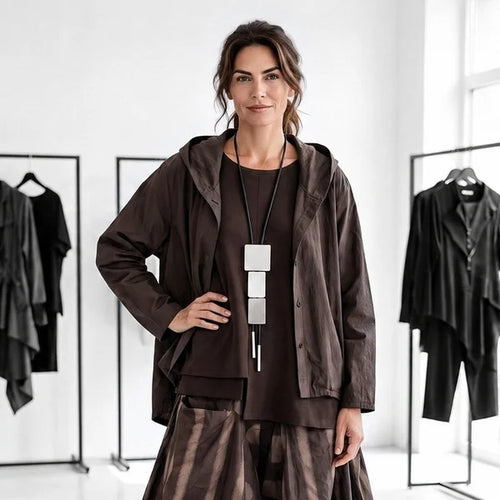 Baumwoll Blusenjacke "moonshine" mit Zipfelkapuze in schokobraun